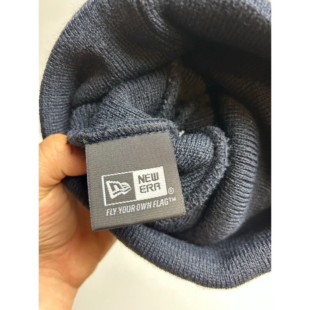 New Era Blank Cuffed Adult Pom Beanie Hat Stocking Cap Dark Navy Blue/White - Picture 5 of 5